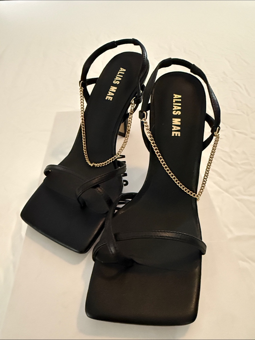 Alias Mae Black Square-Toe Sandal Heels with Gold Chain Accent